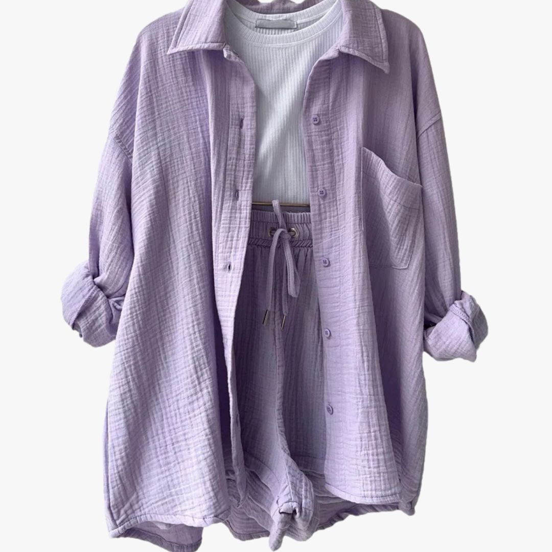 Miles & Luna 2-Piece Set Oversized Button-Up Shirt & Drawstring Shorts for Women