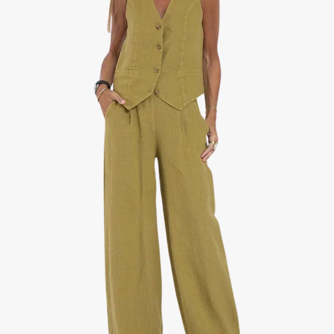 Miles & Luna 2-Piece Set Tailored Vest Lightweight Linen Fitted Buttoned Front Versatile Formal & Casual for Women