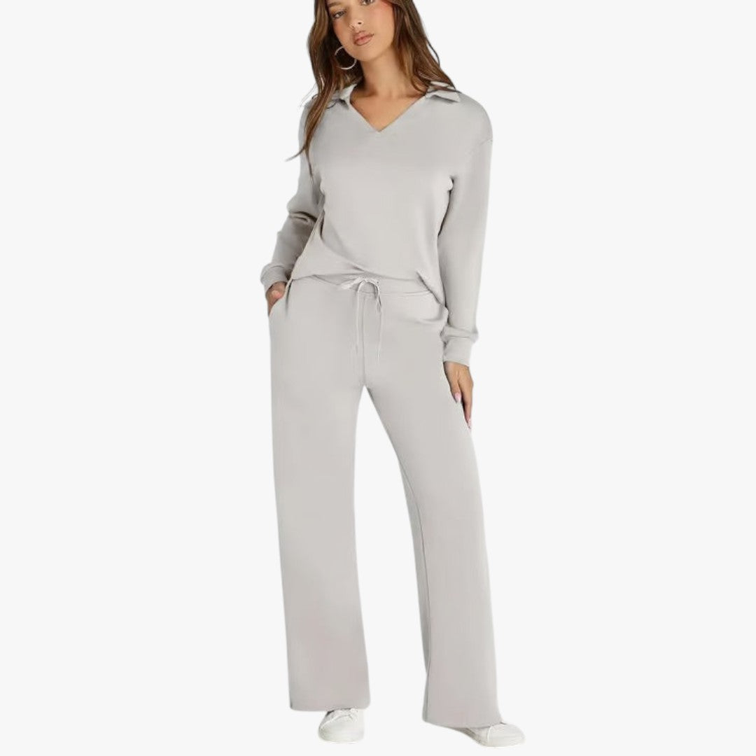 Miles & Luna 2-Piece Set V-Neck Sweatshirt and Elastic Waist Wide-Leg Trousers for Women