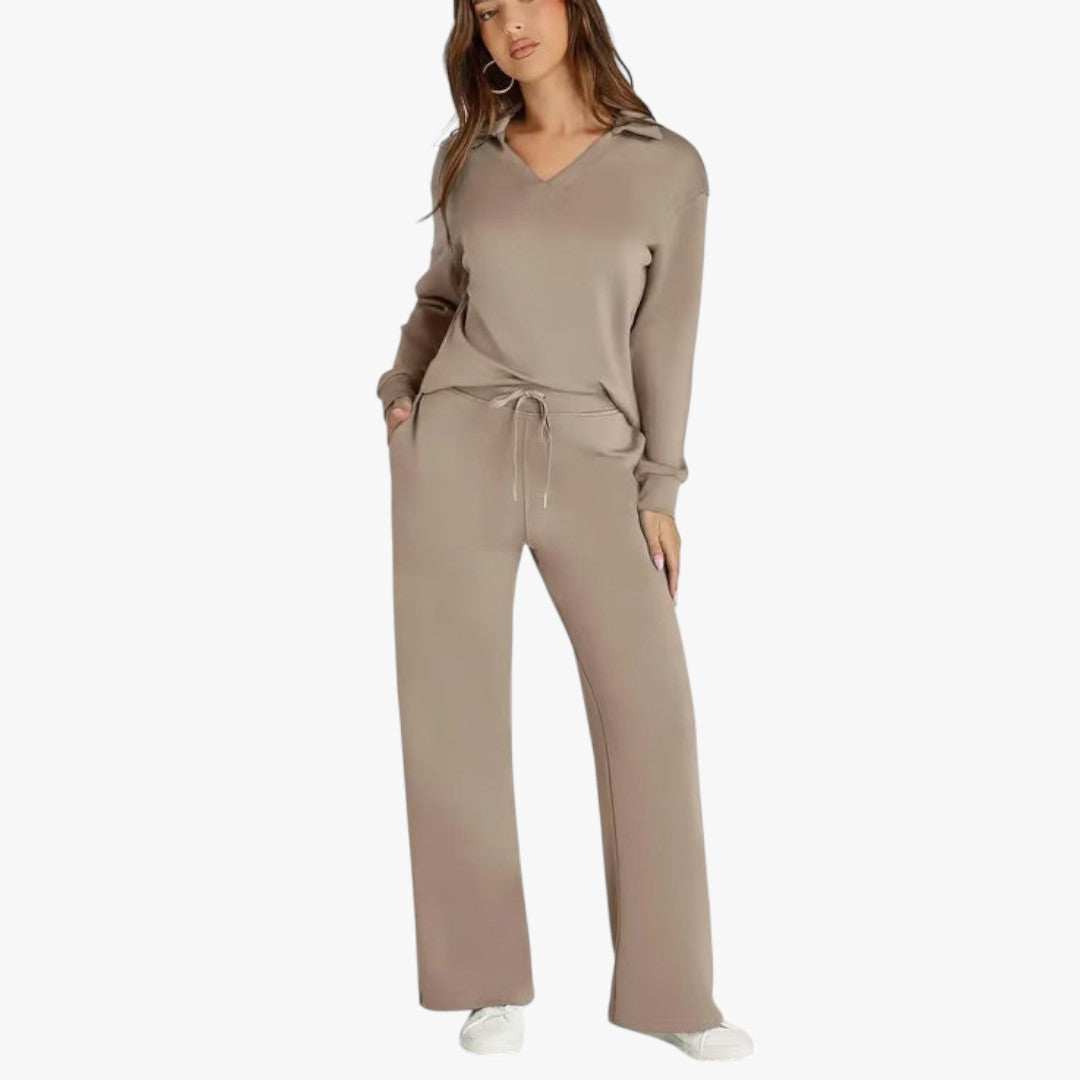 Miles & Luna 2-Piece Set V-Neck Sweatshirt and Elastic Waist Wide-Leg Trousers for Women