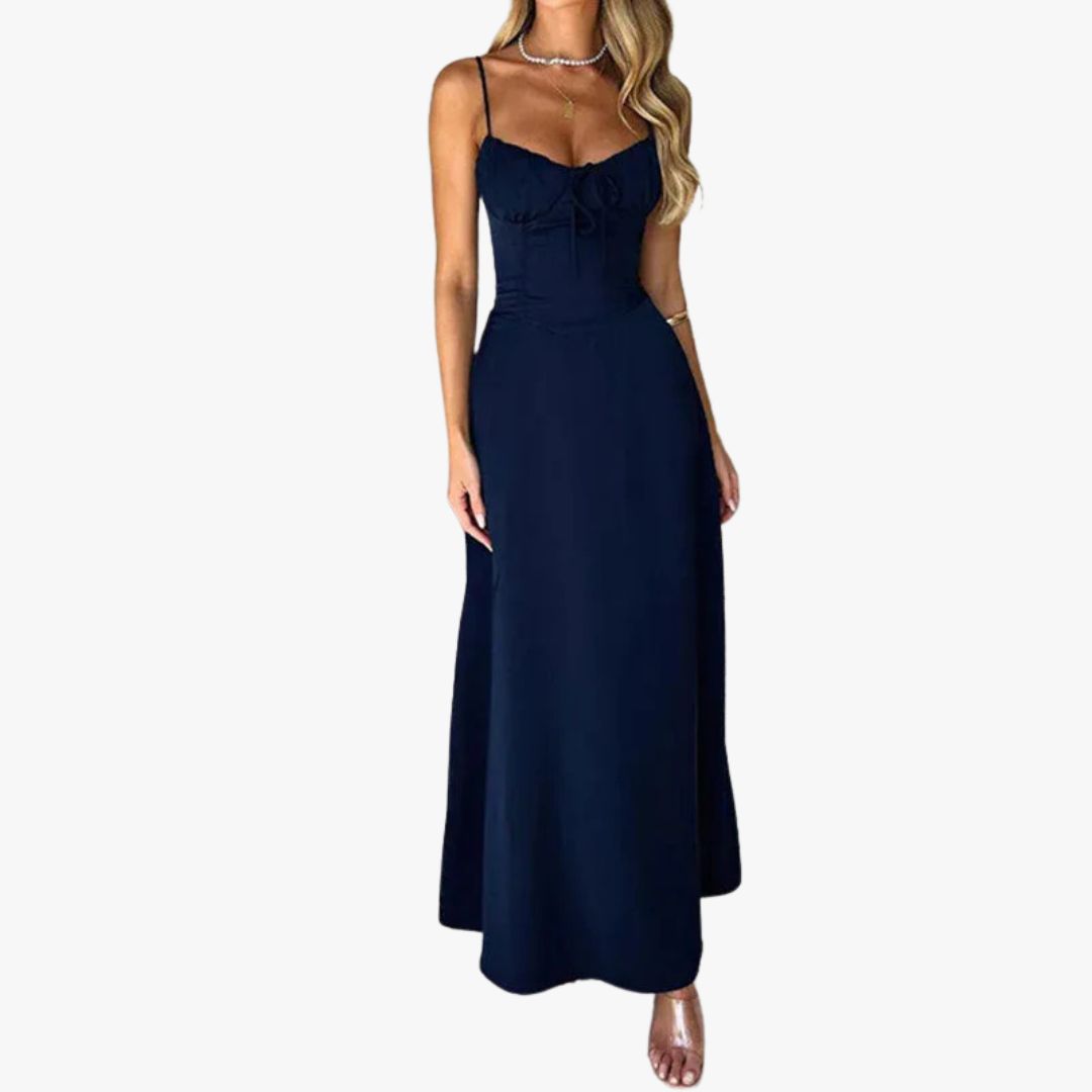 Miles & Luna A-Line Dress Satin Feel Ruched Bodice Strappy Maxi Dress for Women