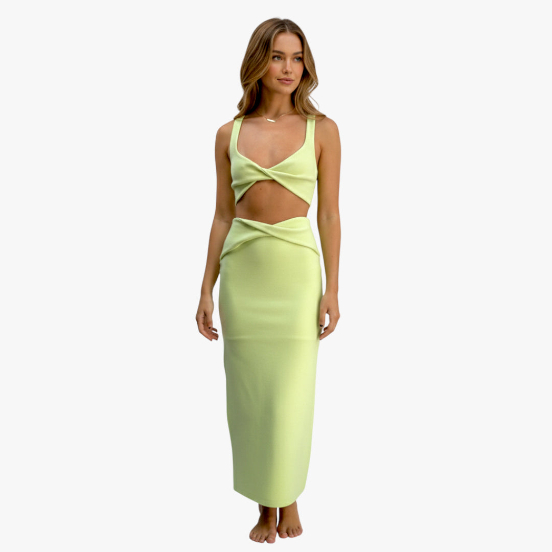 Miles & Luna Avalon Crop Top and Skirt Set with V Neckline and Thigh High Slit for Women