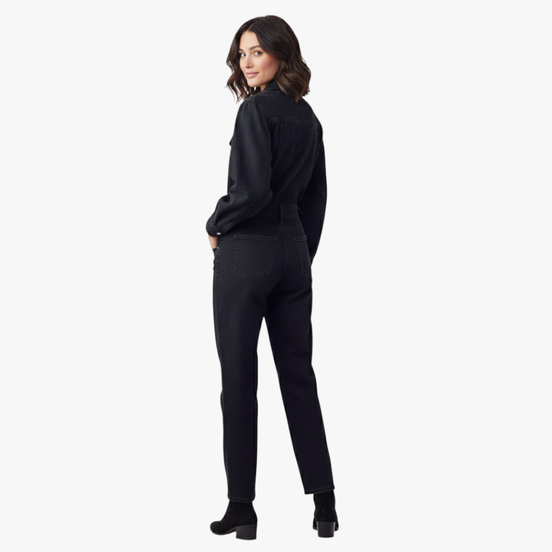 Miles & Luna Camille High Waist Denim Jumpsuit with Flap Pockets and Balloon Sleeves for Women