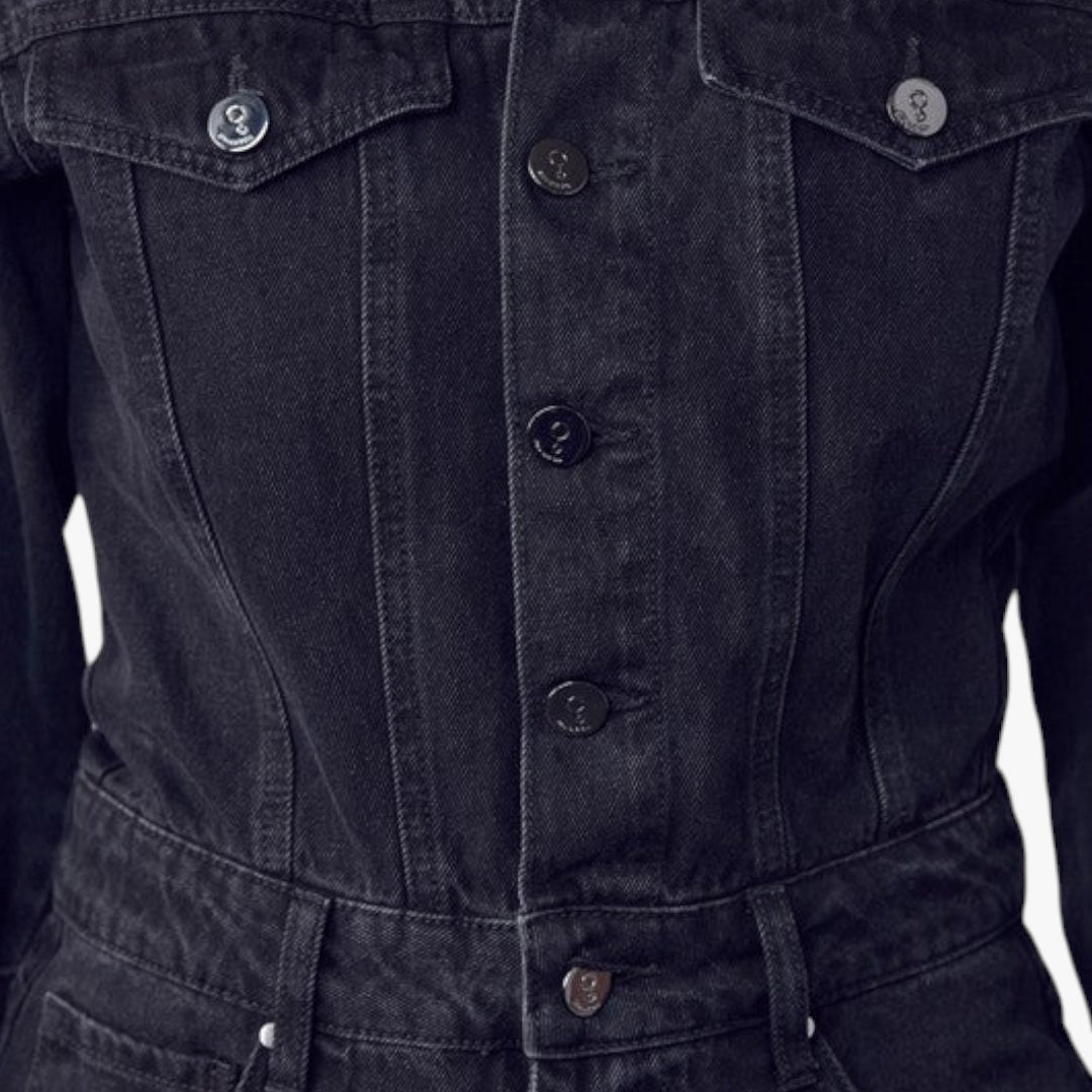 Miles & Luna Camille High Waist Denim Jumpsuit with Flap Pockets and Balloon Sleeves for Women