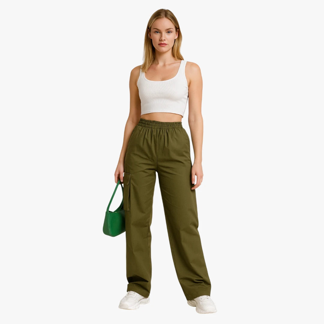 Miles & Luna Cargo Pants - High Waist With Side Pockets, Straight Legs For Women