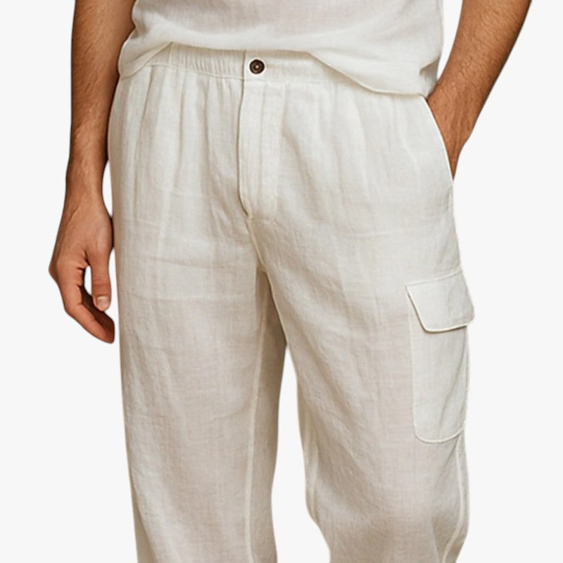 Miles & Luna Casual Breathable Cotton Linen Multi-Pocket Straight Vacation Pants for Men