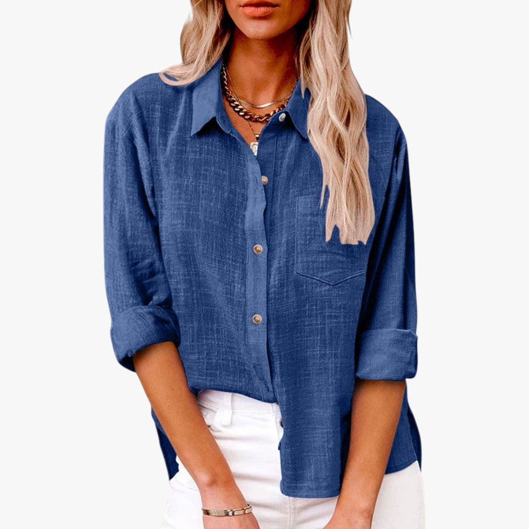 Miles & Luna Chic Button Down Long Sleeve Linen Blouse Shirt for Women