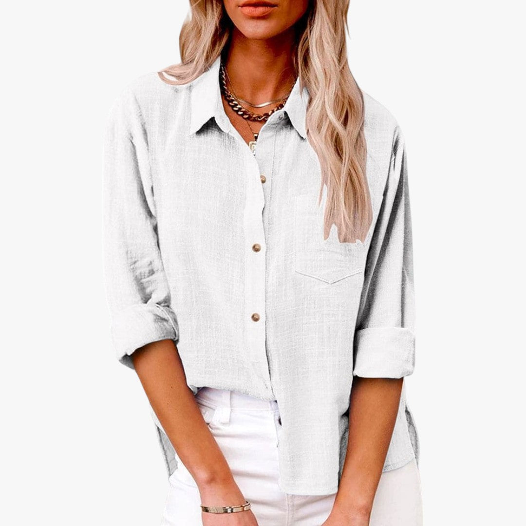 Miles & Luna Chic Button Down Long Sleeve Linen Blouse Shirt for Women