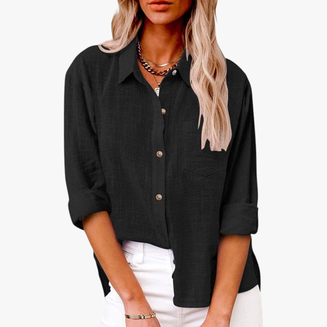 Miles & Luna Chic Button Down Long Sleeve Linen Blouse Shirt for Women