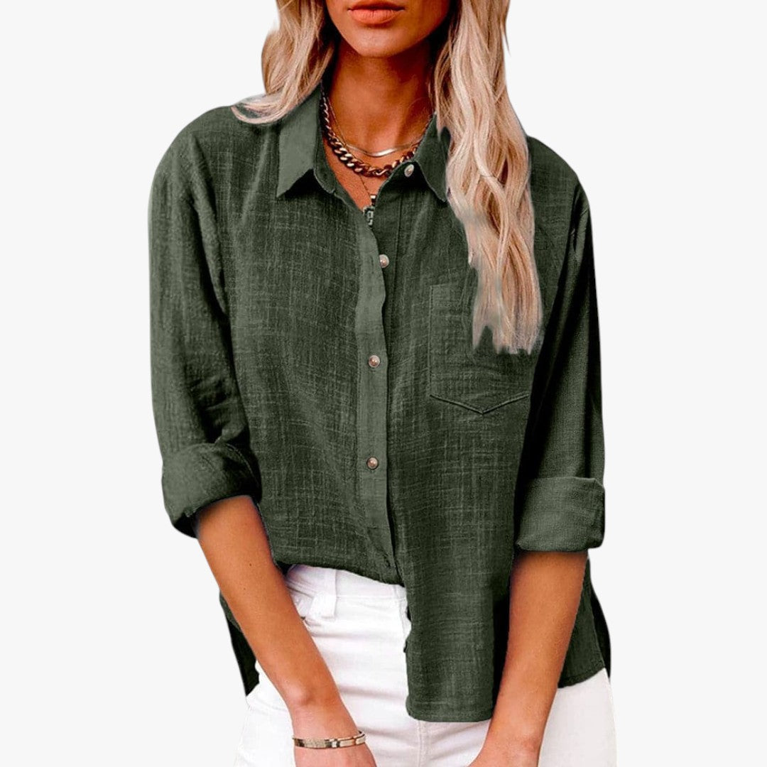 Miles & Luna Chic Button Down Long Sleeve Linen Blouse Shirt for Women
