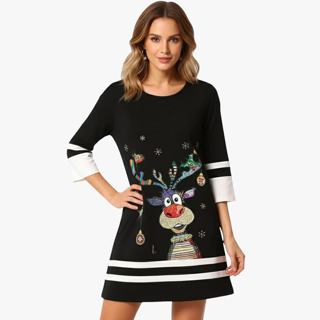 Miles & Luna Christmas Reindeer Print Mini Dress with Long Sleeves Festive Chic for Women