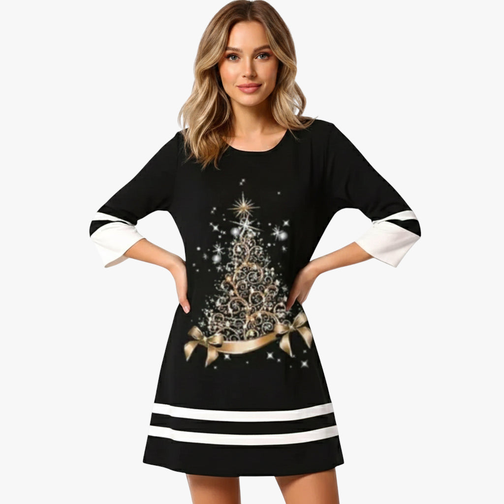 Miles & Luna Christmas Reindeer Print Mini Dress with Long Sleeves Festive Chic for Women