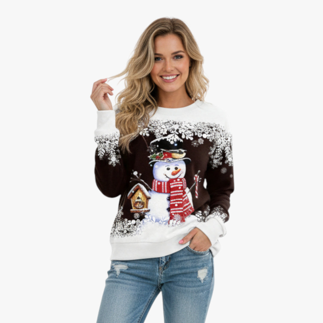 Miles & Luna Christmas Snowman Print Long Sleeve Sweatshirt with Festive Winter Design for Women