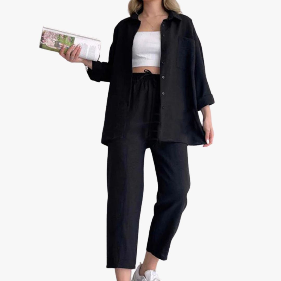 Miles & Luna Co-Ord 2-Piece Set Oversized Button-Up Shirt & Wide-Leg Trousers Relaxed Fit for Women