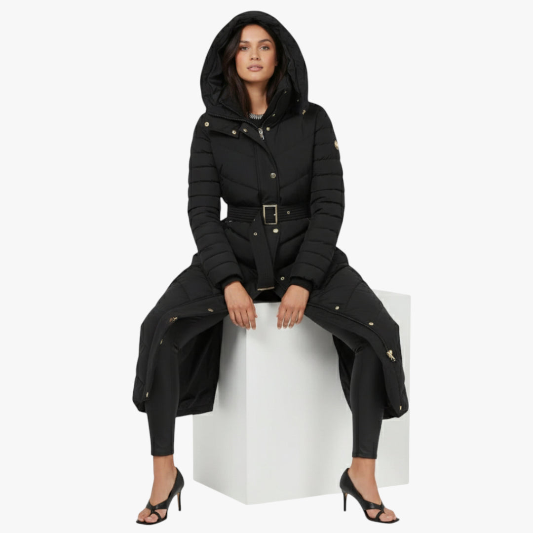 Miles & Luna Coat Long puffer down design with belt for women