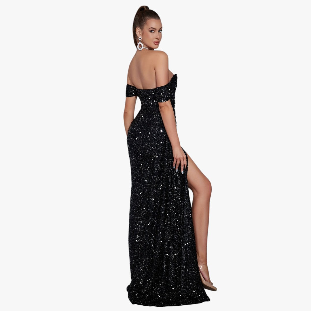 Miles & Luna Cotton Sparkling Sequin Off Shoulder Ruched Split Thigh Draped Side Slim Formal Maxi Dress for Women