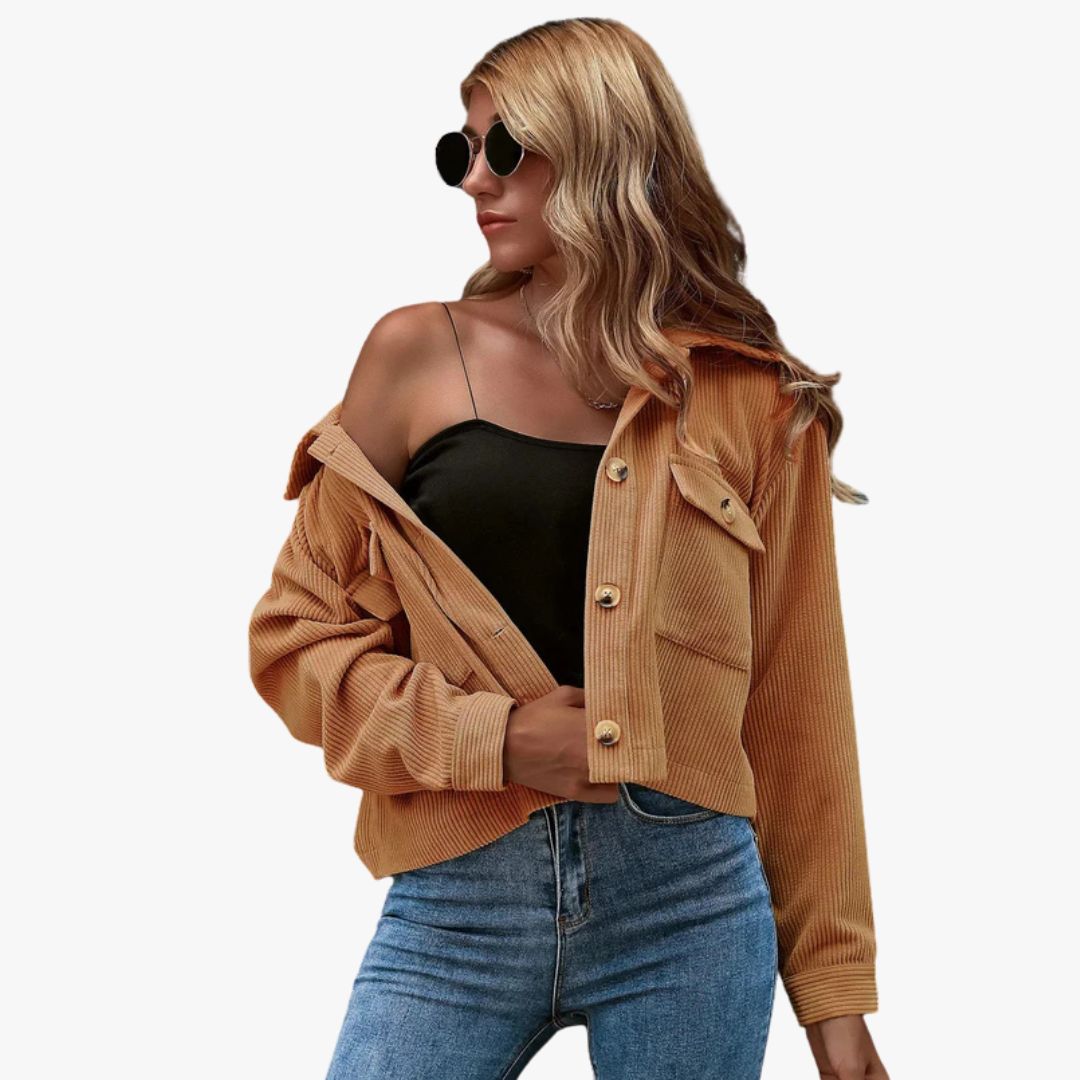 Miles & Luna Cropped Relaxed Fit Button-Up Shirt Collar Long Sleeve Jacket for Women