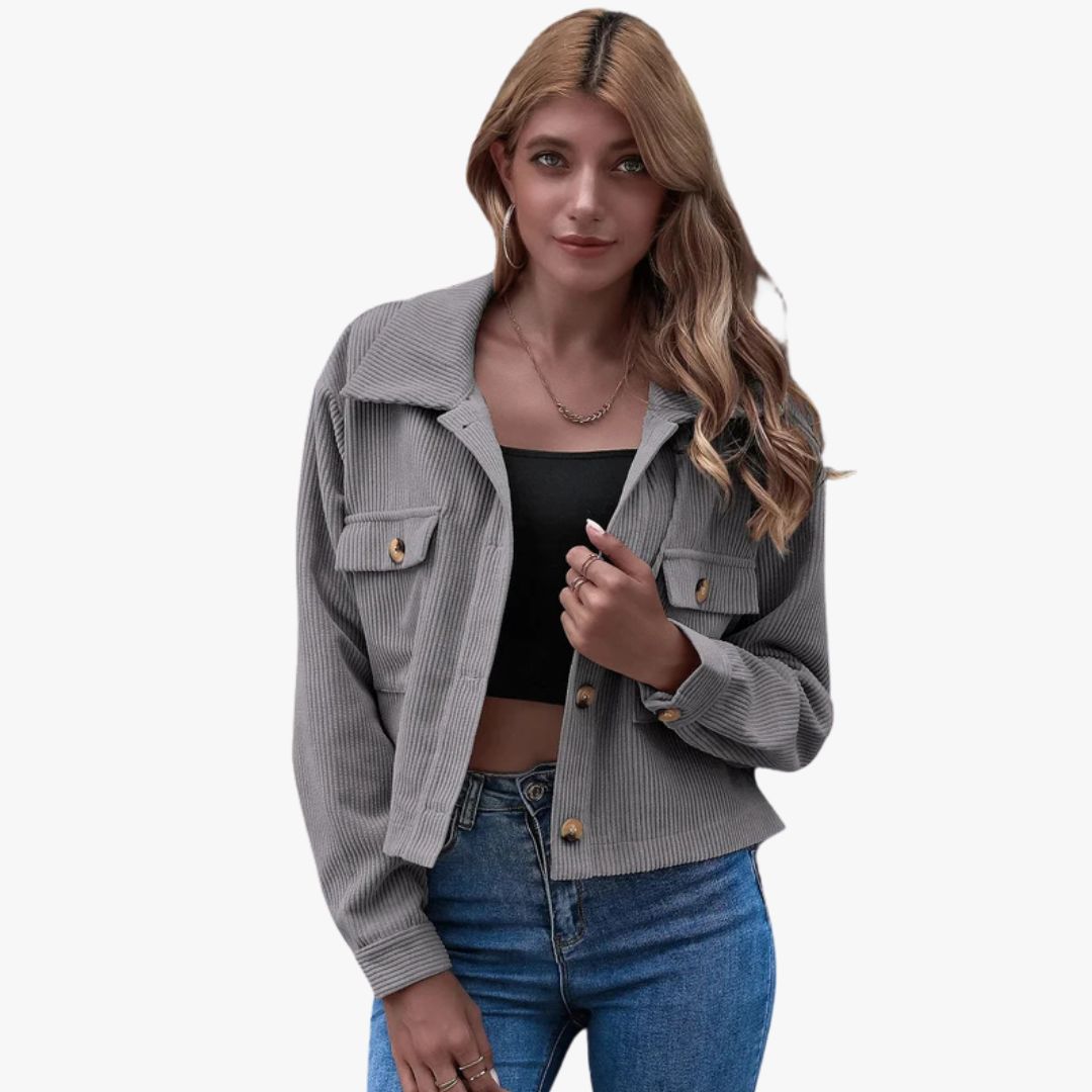Miles & Luna Cropped Relaxed Fit Button-Up Shirt Collar Long Sleeve Jacket for Women