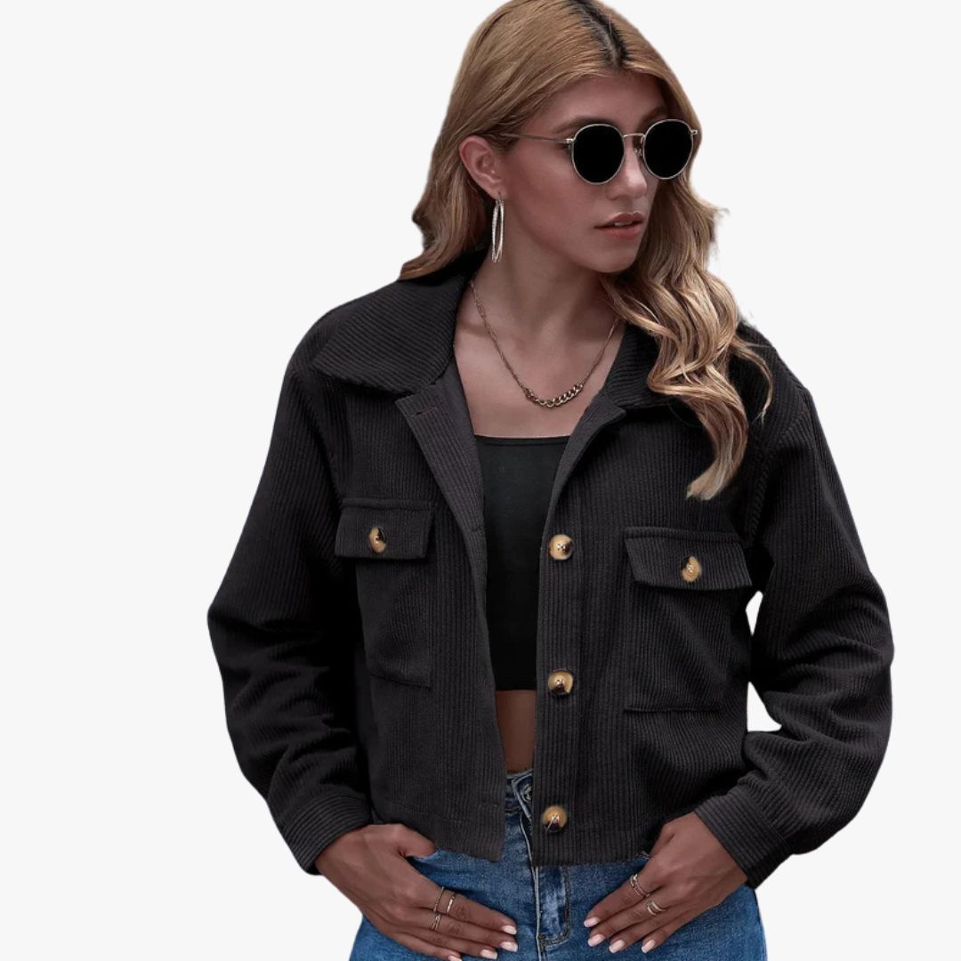 Miles & Luna Cropped Relaxed Fit Button-Up Shirt Collar Long Sleeve Jacket for Women