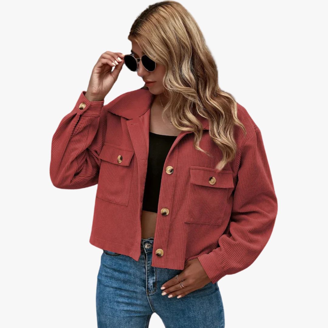 Miles & Luna Cropped Relaxed Fit Button-Up Shirt Collar Long Sleeve Jacket for Women