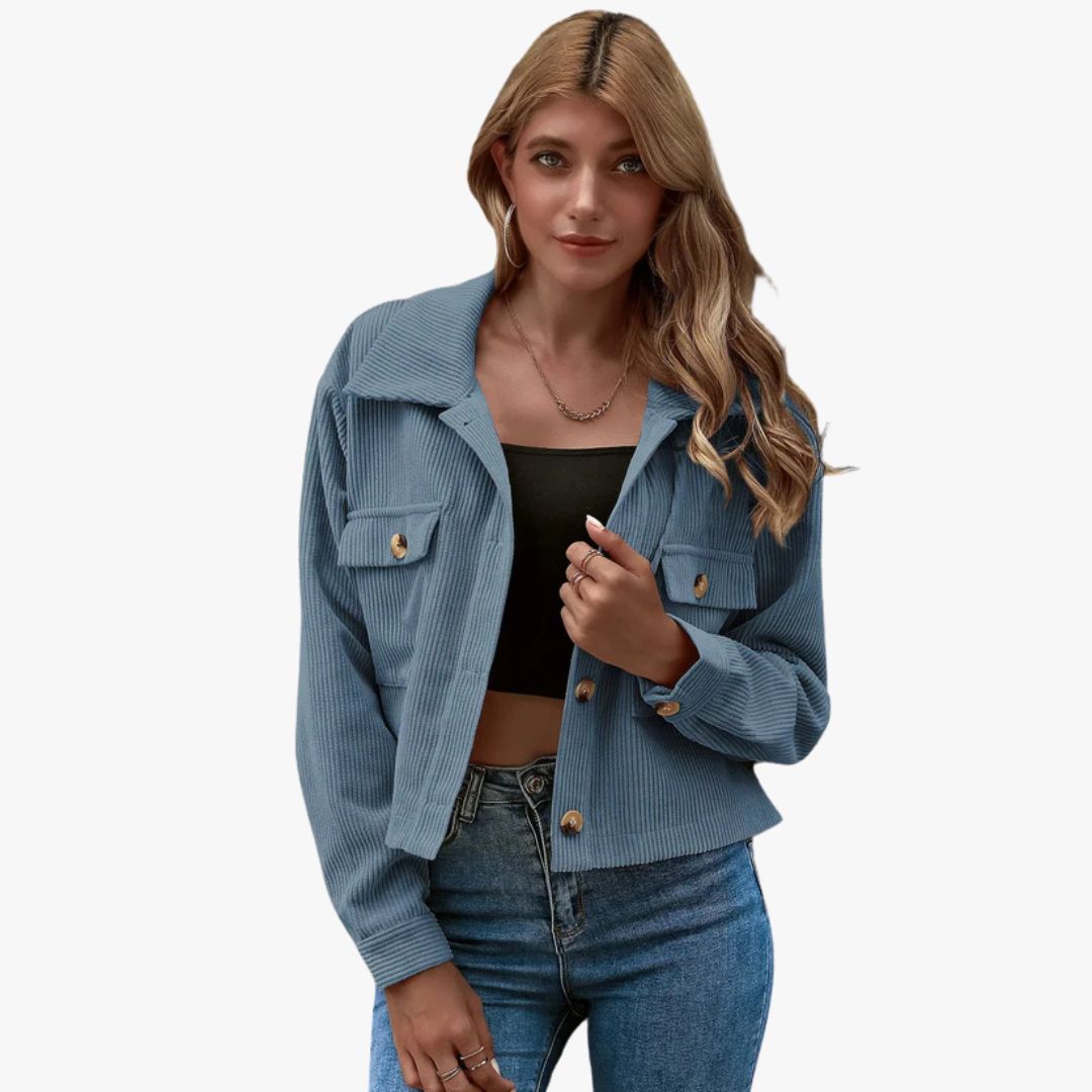 Miles & Luna Cropped Relaxed Fit Button-Up Shirt Collar Long Sleeve Jacket for Women