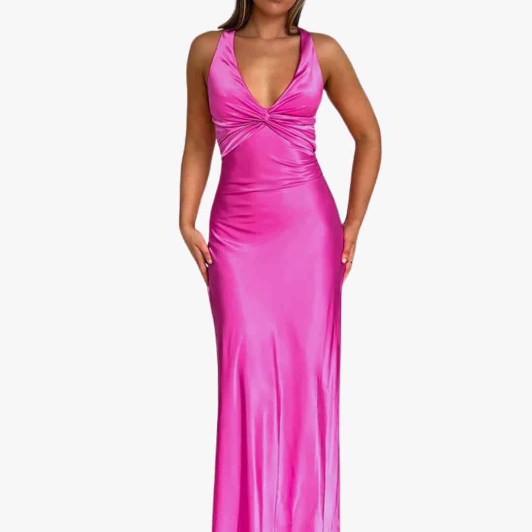 Miles & Luna Evening Gown Satin Finish Sleeveless Halter Neck Maxi Dress for Women