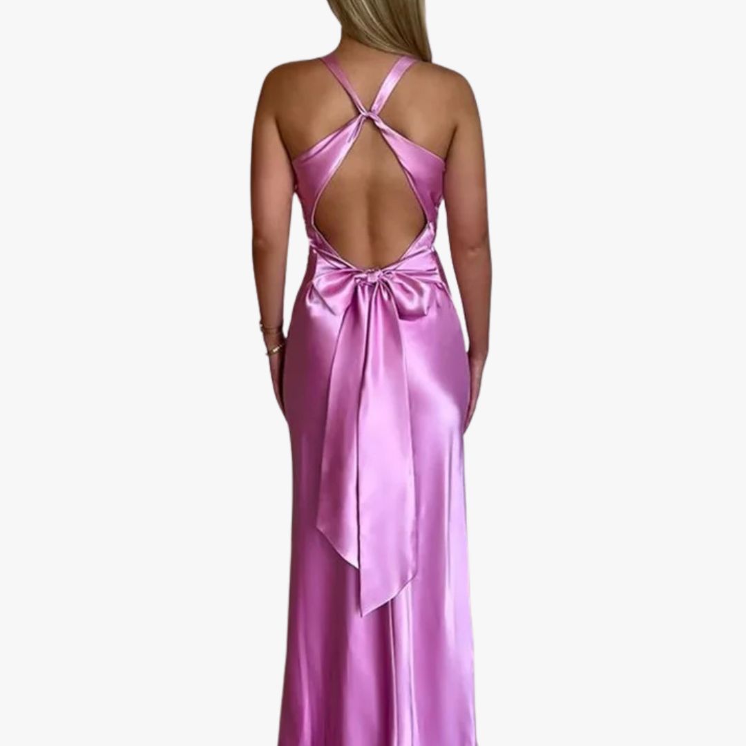Miles & Luna Evening Gown Satin Finish Sleeveless Halter Neck Maxi Dress for Women