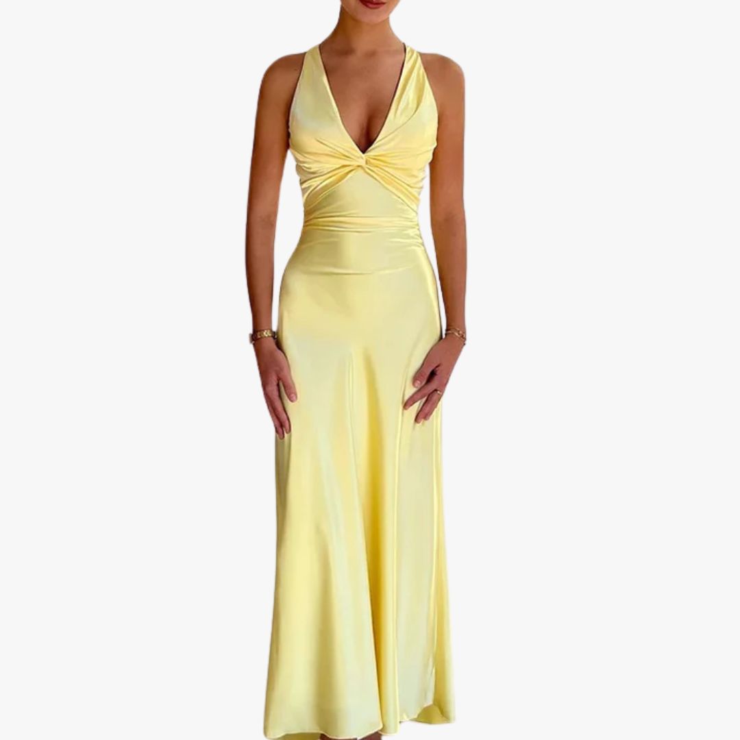 Miles & Luna Evening Gown Satin Finish Sleeveless Halter Neck Maxi Dress for Women