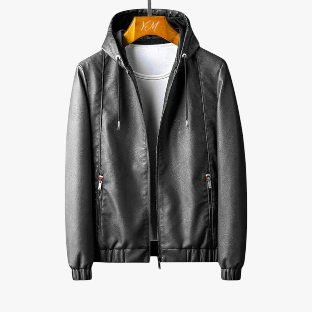 Miles & Luna Faux Leather Hooded Jacket with Zip Front and Modern Minimalist Design for Men