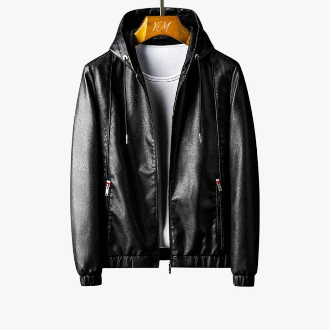 Miles & Luna Faux Leather Hooded Jacket with Zip Front and Modern Minimalist Design for Men
