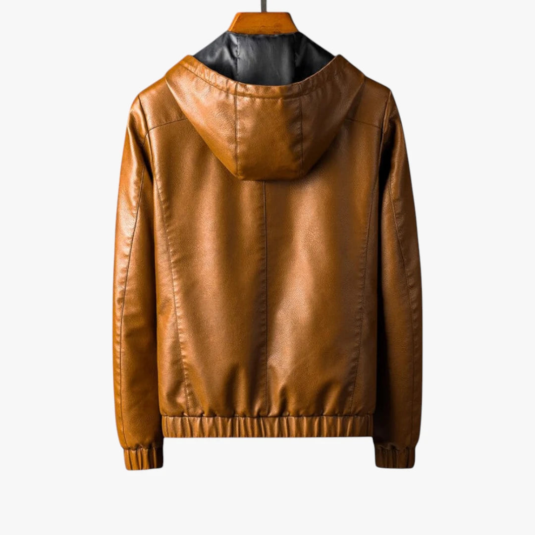 Miles & Luna Faux Leather Hooded Jacket with Zip Front and Modern Minimalist Design for Men