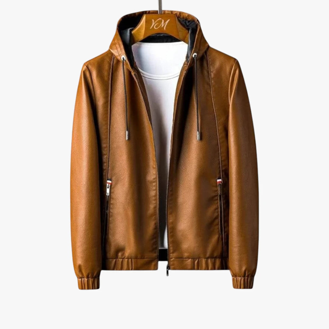 Miles & Luna Faux Leather Hooded Jacket with Zip Front and Modern Minimalist Design for Men