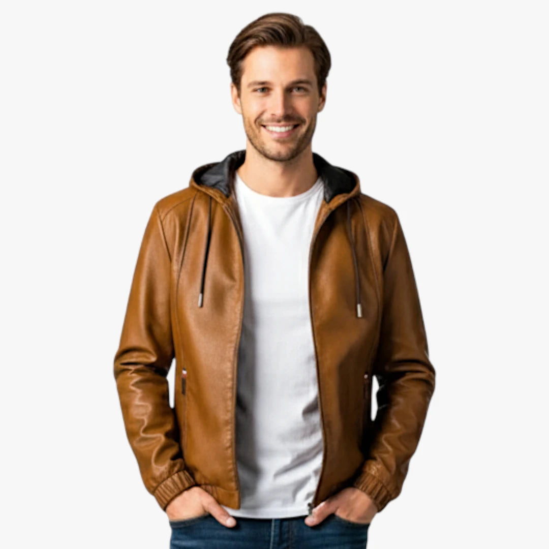 Miles & Luna Faux Leather Hooded Jacket with Zip Front and Modern Minimalist Design for Men