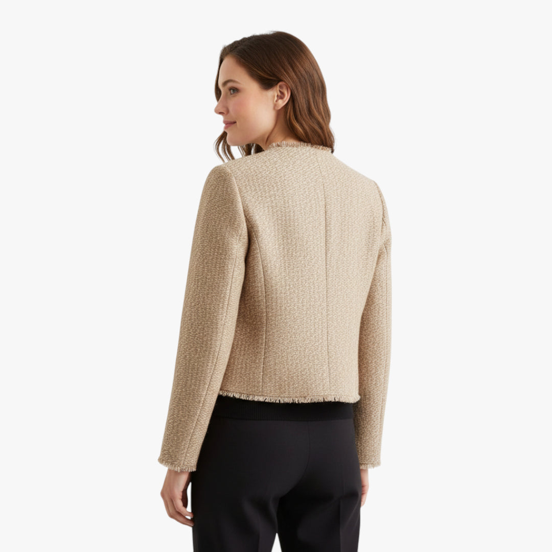 Miles & Luna Frayed Crew Neck Button Down Jacket with Edgy Chic Detailing for Women