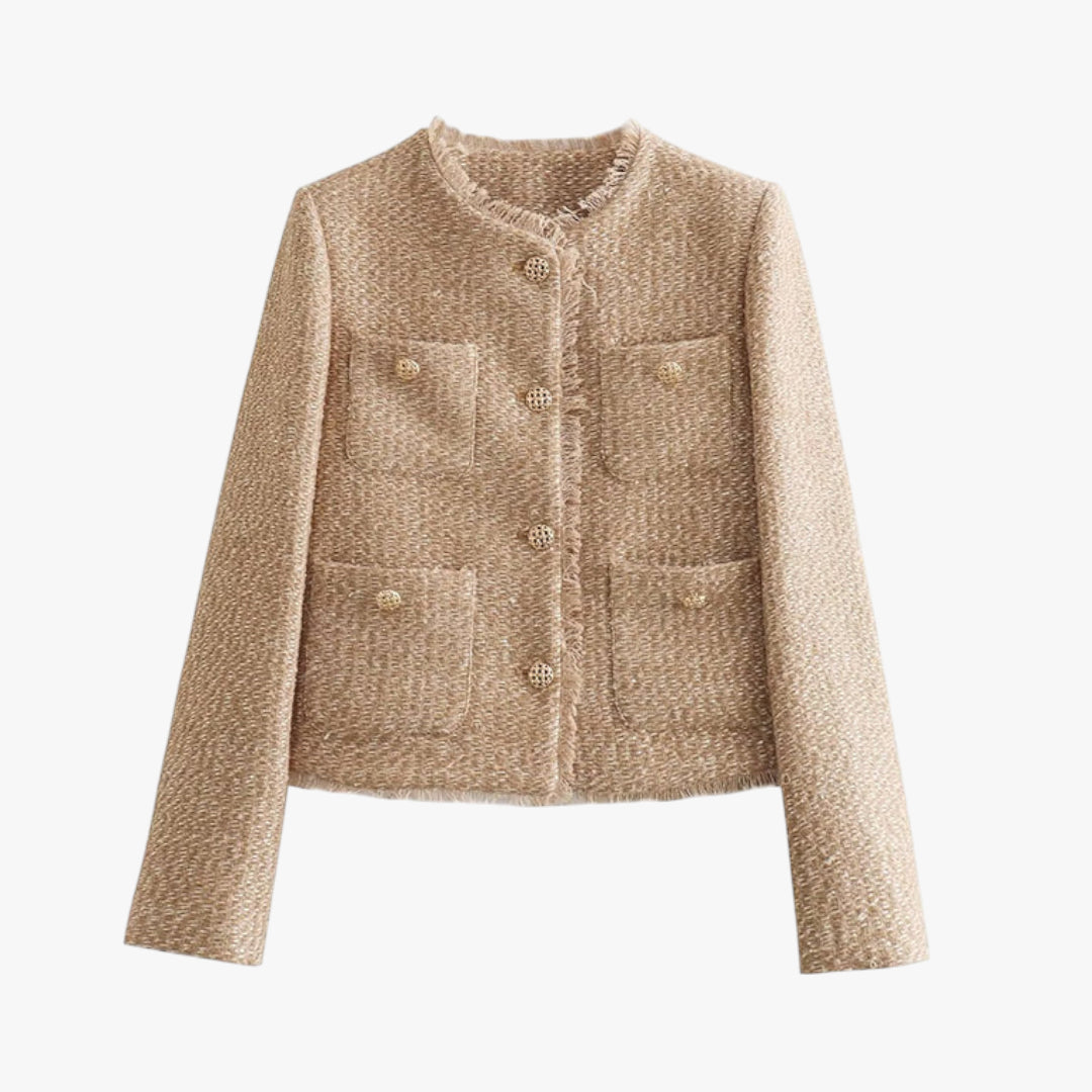 Miles & Luna Frayed Crew Neck Button Down Jacket with Edgy Chic Detailing for Women