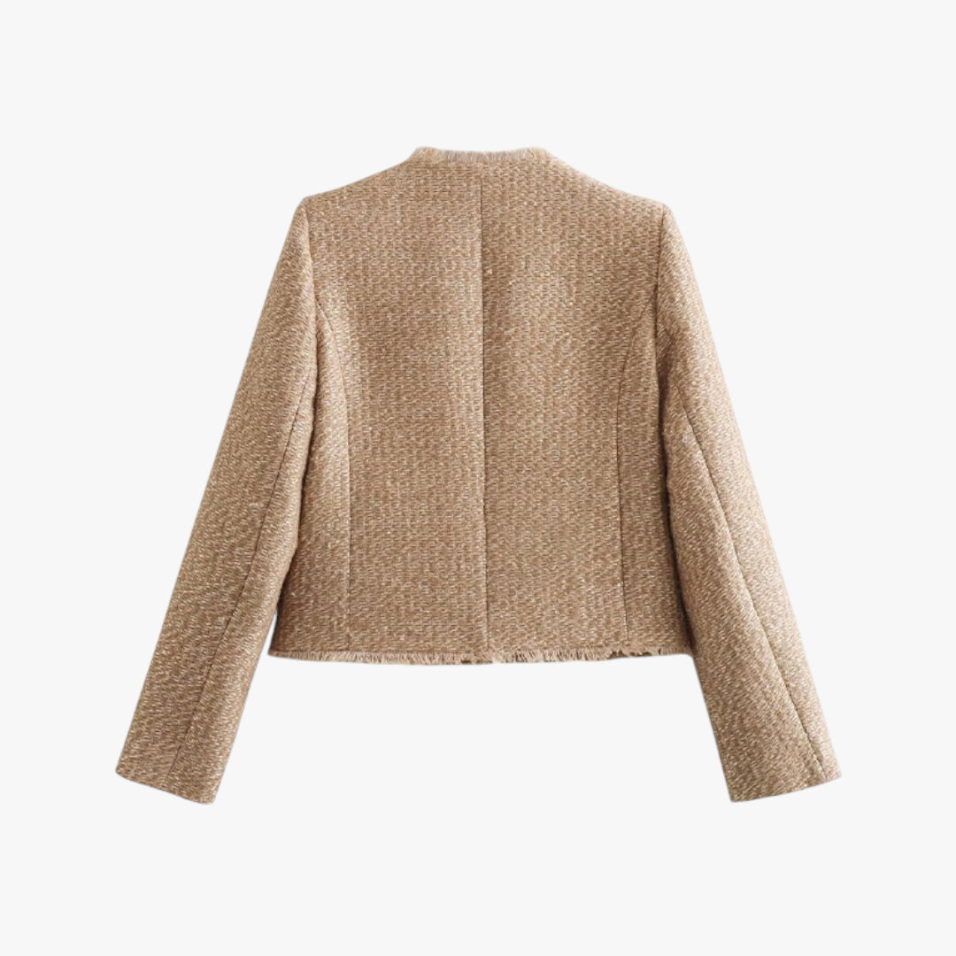Miles & Luna Frayed Crew Neck Button Down Jacket with Edgy Chic Detailing for Women