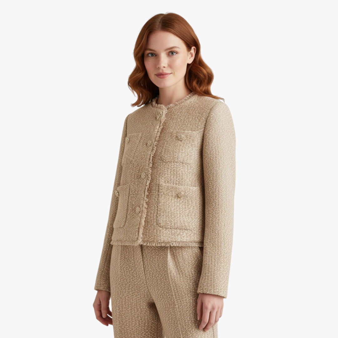 Miles & Luna Frayed Crew Neck Button Down Jacket with Edgy Chic Detailing for Women