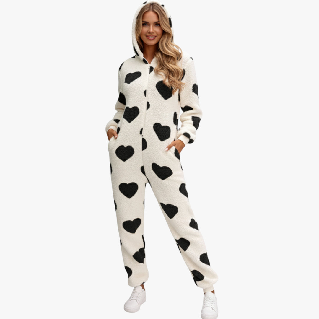Miles & Luna Fuzzy Heart Zip Up Hooded Lounge Jumpsuit with Plush Cozy Design for Women