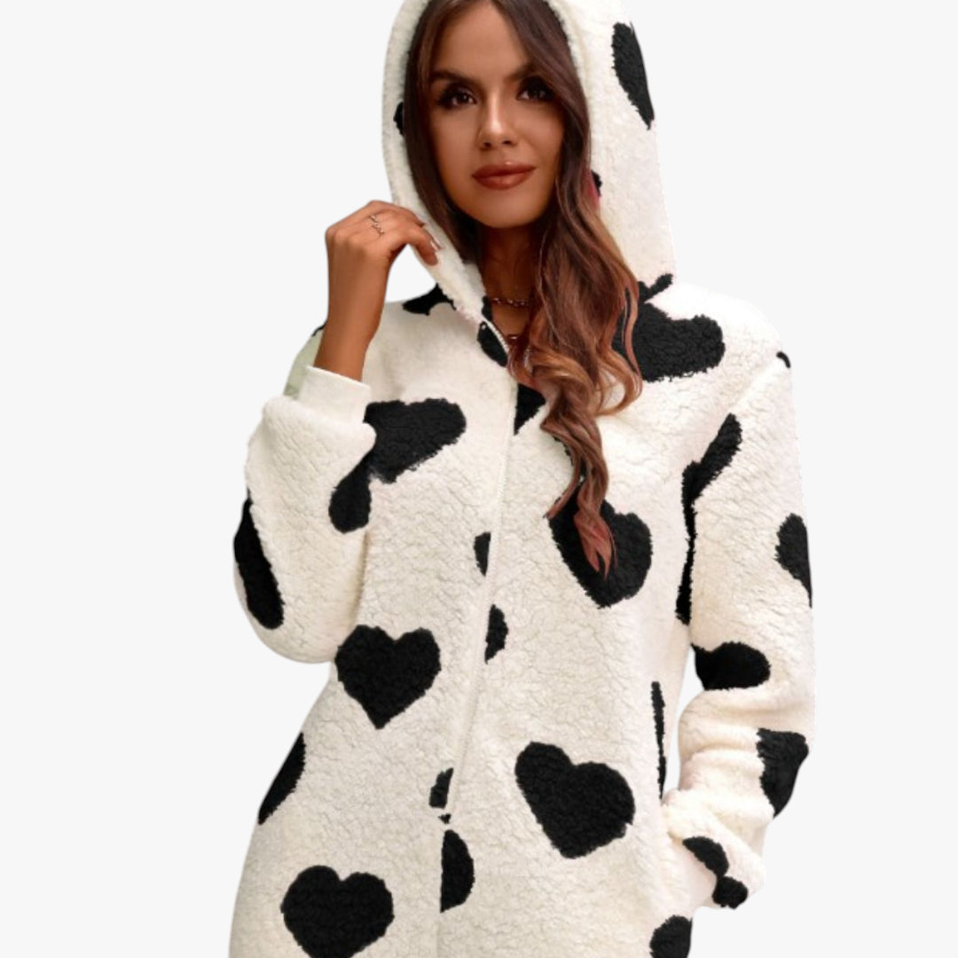Miles & Luna Fuzzy Heart Zip Up Hooded Lounge Jumpsuit with Plush Cozy Design for Women