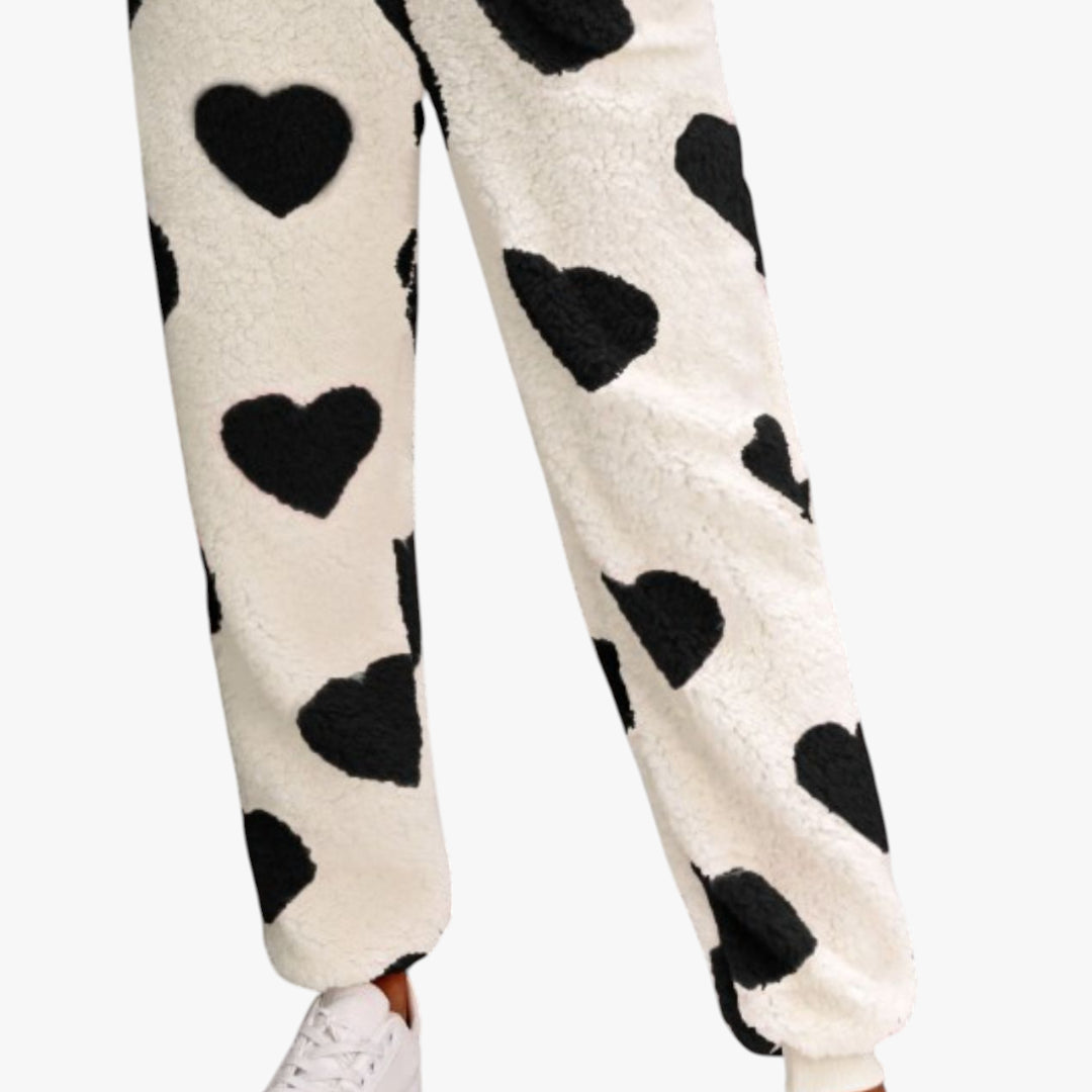 Miles & Luna Fuzzy Heart Zip Up Hooded Lounge Jumpsuit with Plush Cozy Design for Women