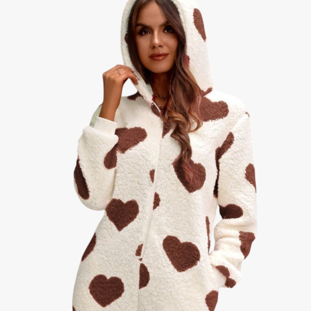 Miles & Luna Fuzzy Heart Zip Up Hooded Lounge Jumpsuit with Plush Cozy Design for Women