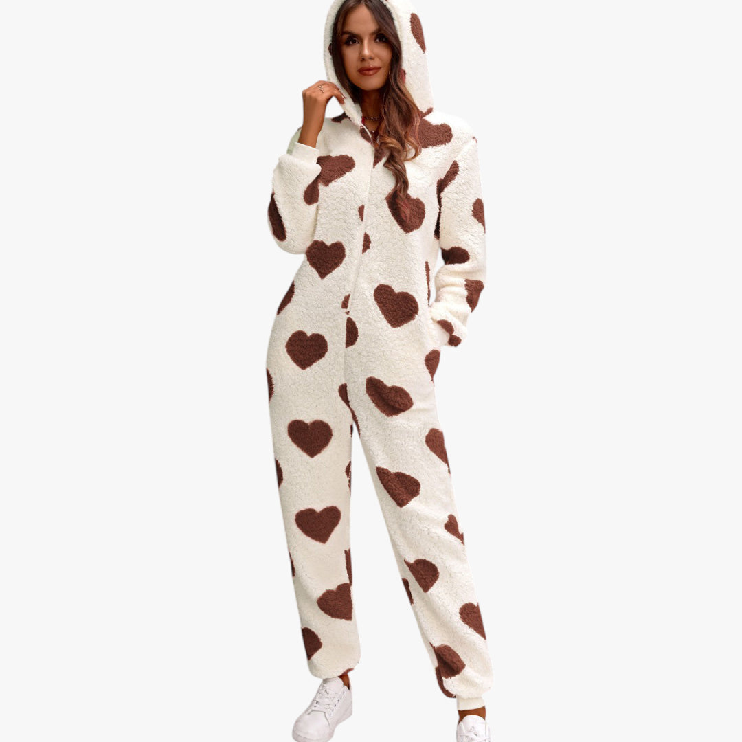 Miles & Luna Fuzzy Heart Zip Up Hooded Lounge Jumpsuit with Plush Cozy Design for Women