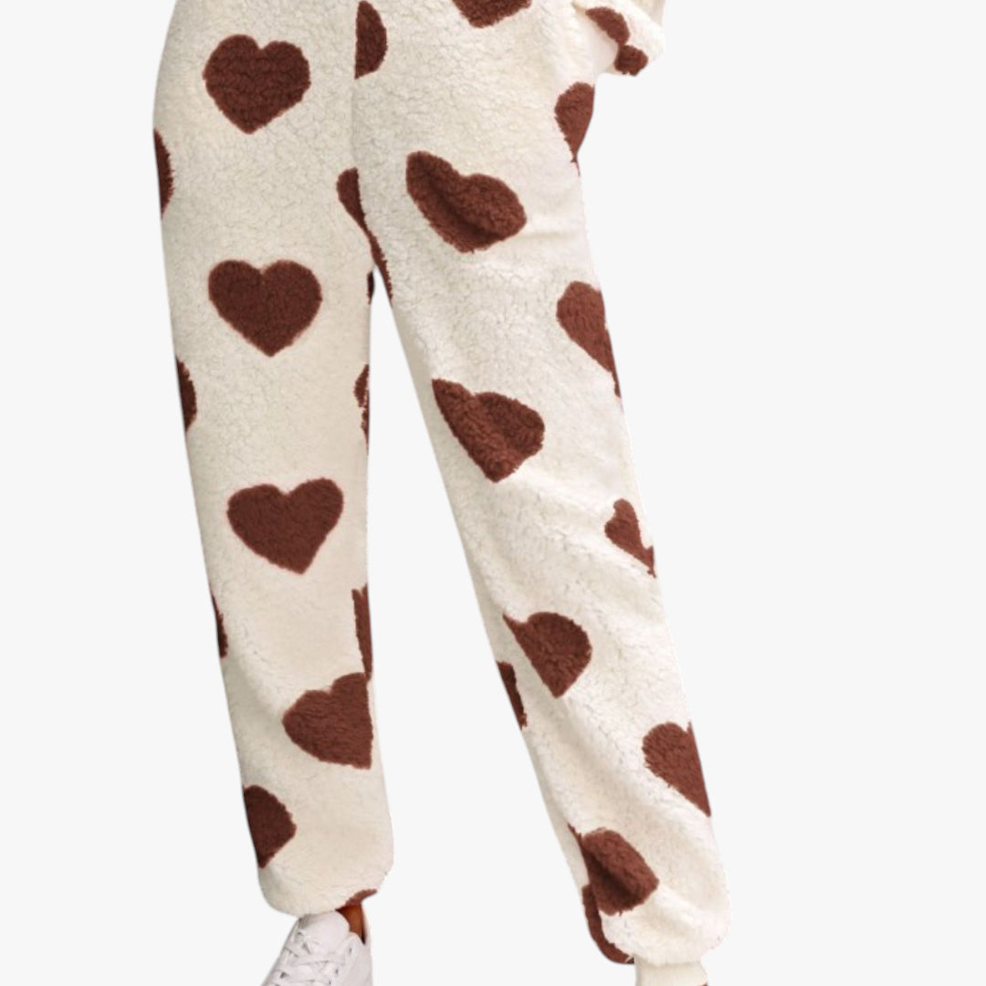 Miles & Luna Fuzzy Heart Zip Up Hooded Lounge Jumpsuit with Plush Cozy Design for Women