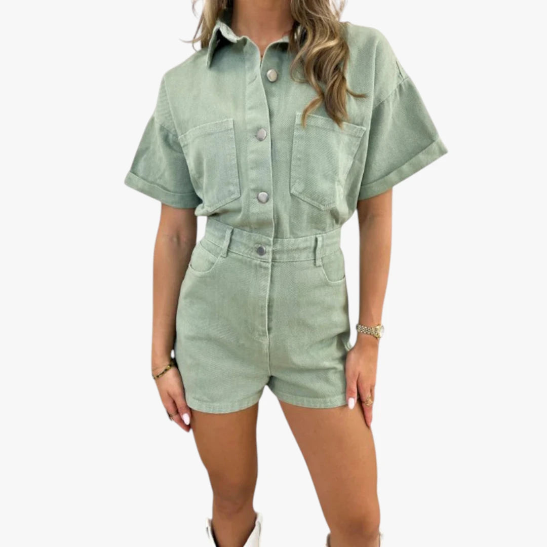 Miles & Luna Jumpsuit - Short Denim Jumpsuit with Button Closure and Blouse Collar