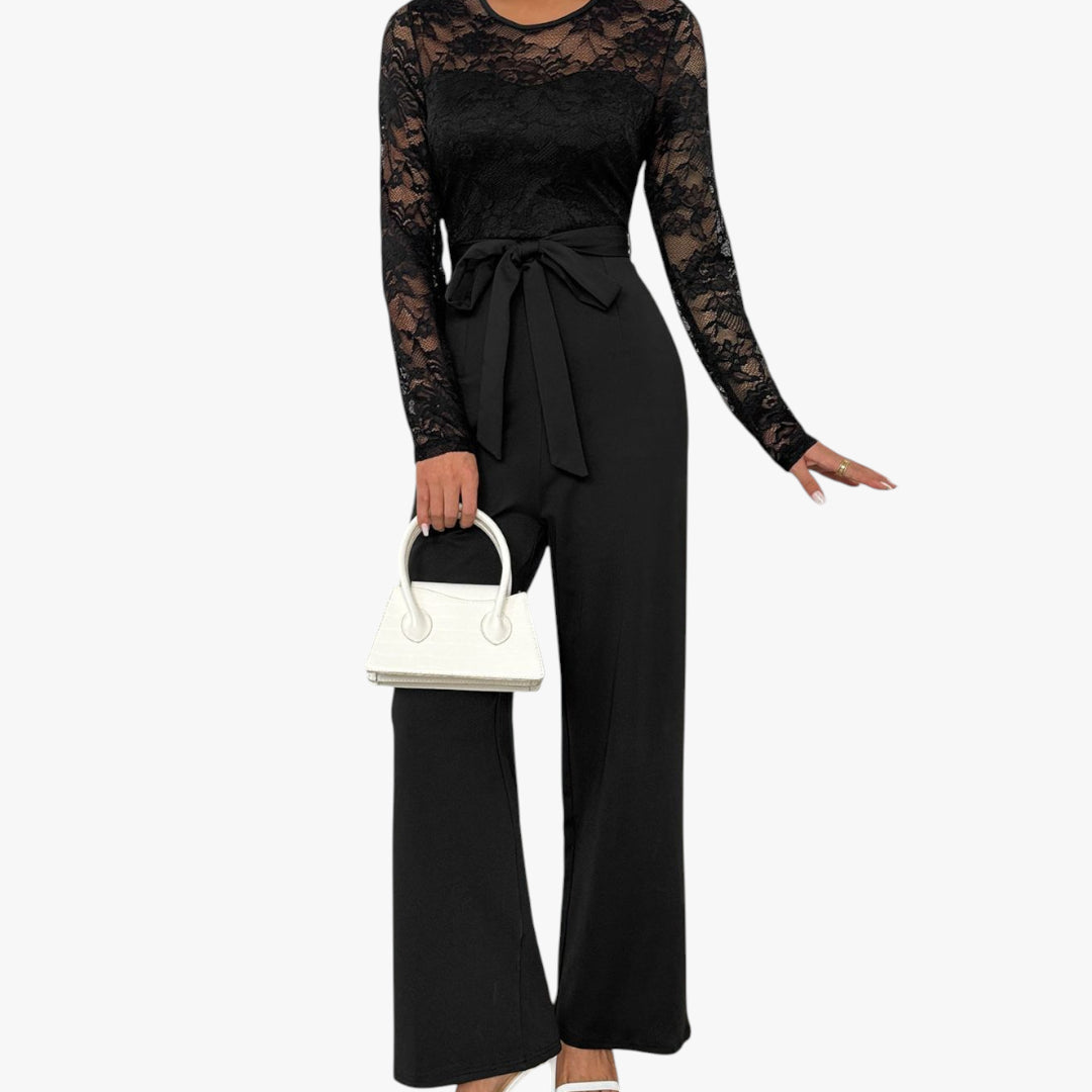 Miles & Luna Lace Long Sleeve Jumpsuit with Tied Waist and Elegant Sheer Design for Women