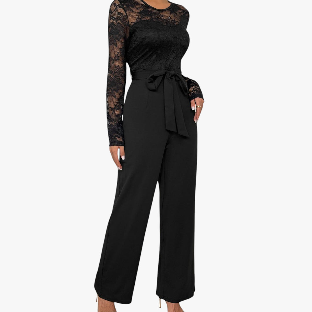 Miles & Luna Lace Long Sleeve Jumpsuit with Tied Waist and Elegant Sheer Design for Women