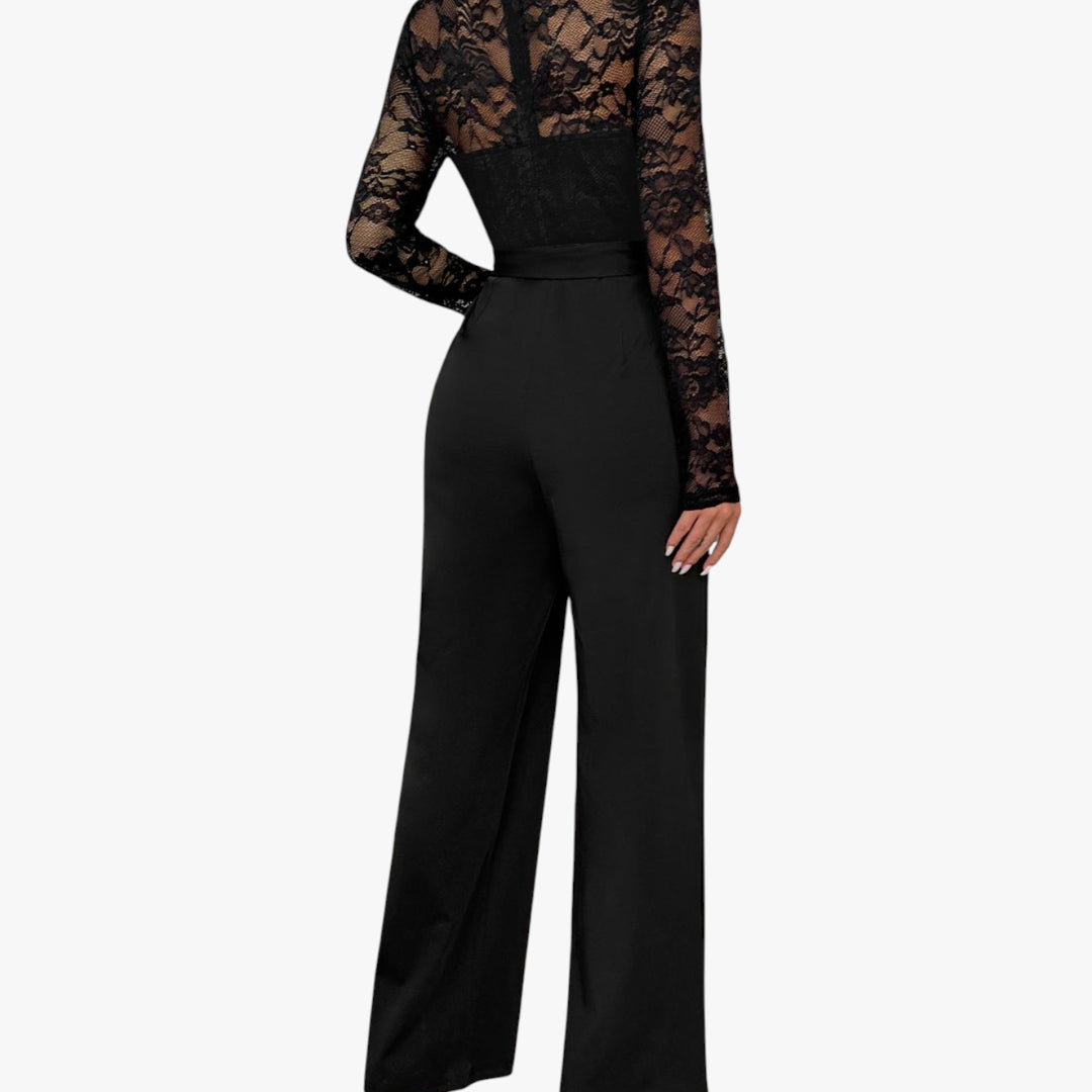 Miles & Luna Lace Long Sleeve Jumpsuit with Tied Waist and Elegant Sheer Design for Women