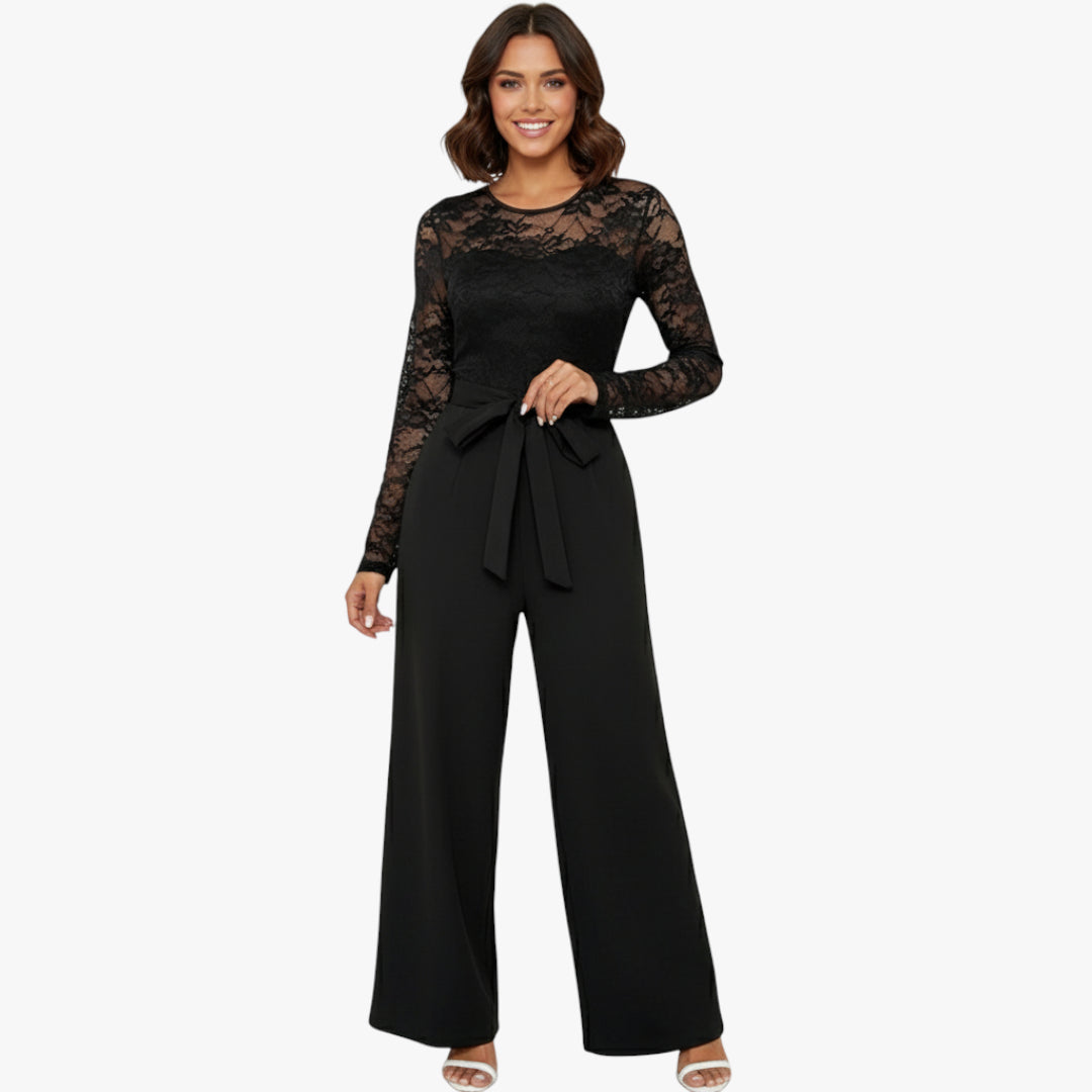Miles & Luna Lace Long Sleeve Jumpsuit with Tied Waist and Elegant Sheer Design for Women