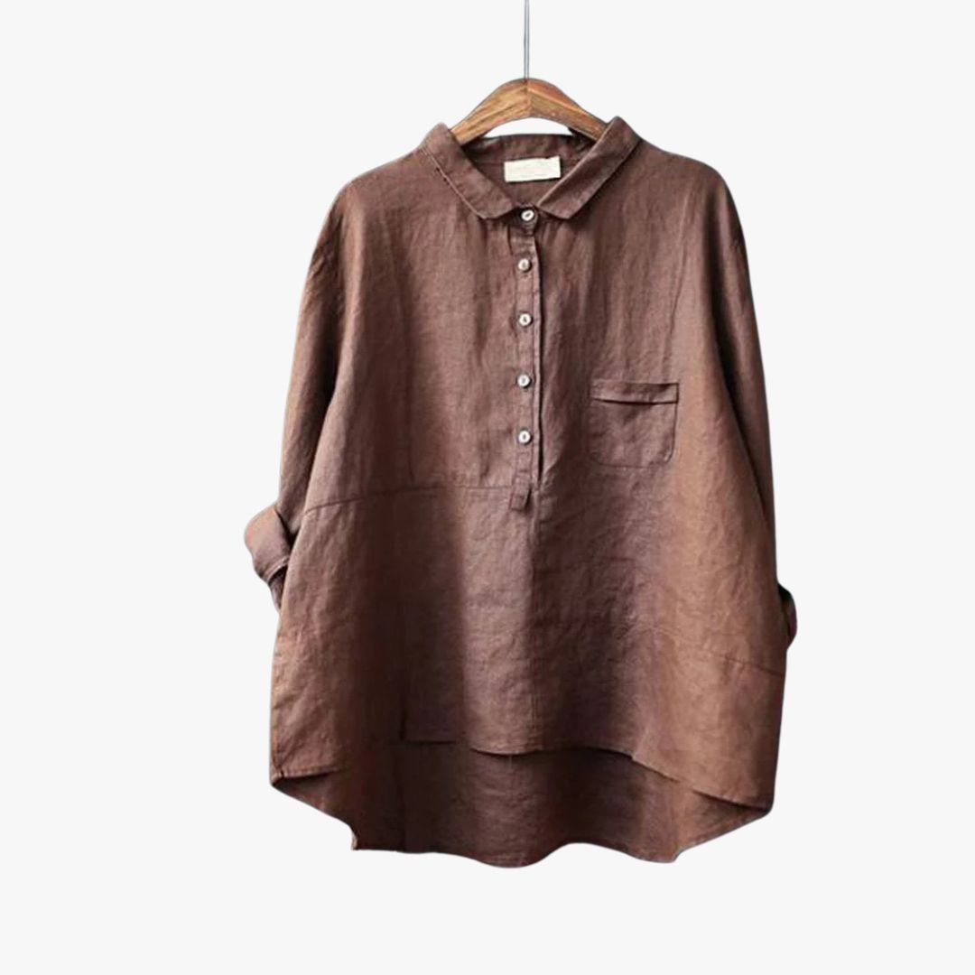 Miles & Luna Lapel Neck Casual Solid Color Cotton and Linen Long Sleeve Shirt for Women