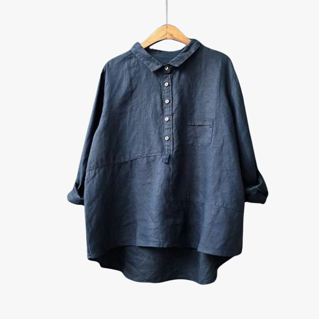 Miles & Luna Lapel Neck Casual Solid Color Cotton and Linen Long Sleeve Shirt for Women